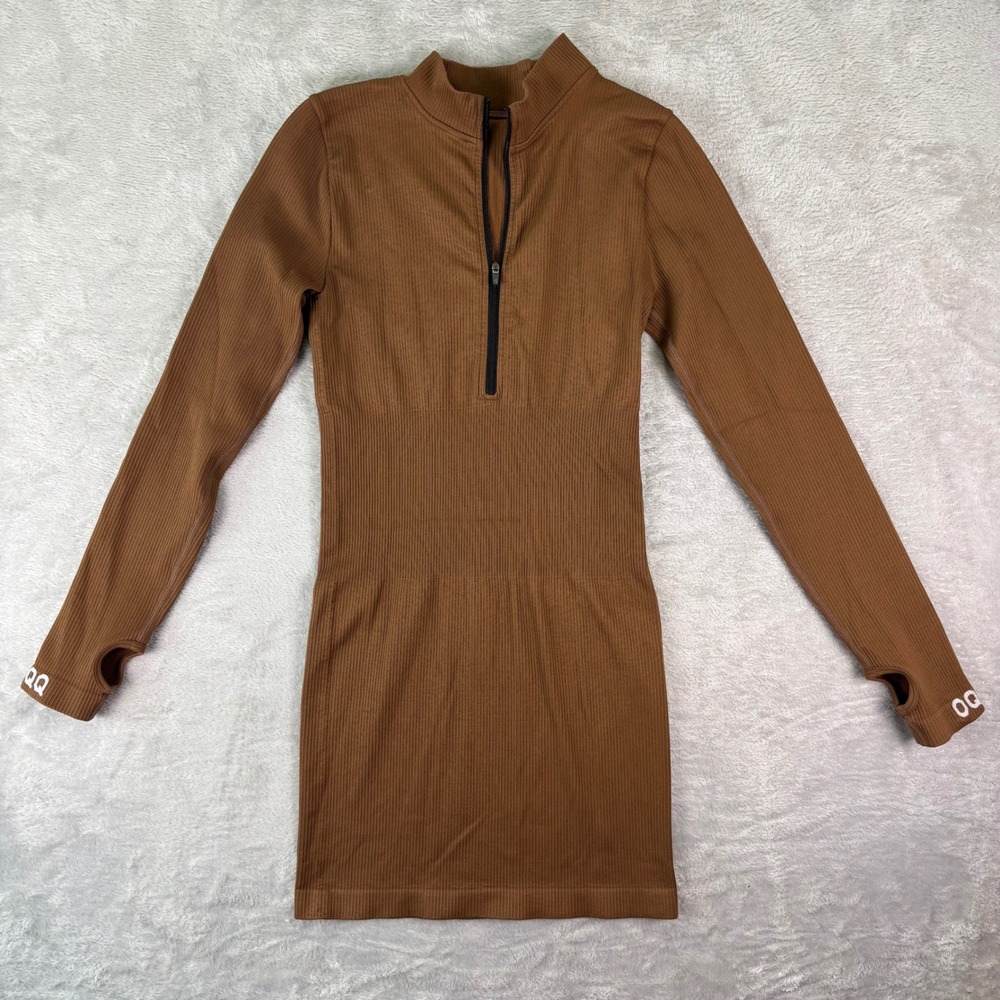 OQQ Women's Ribbed Brown Seamless Long Sleeve Mini Dress Size M Zip Front